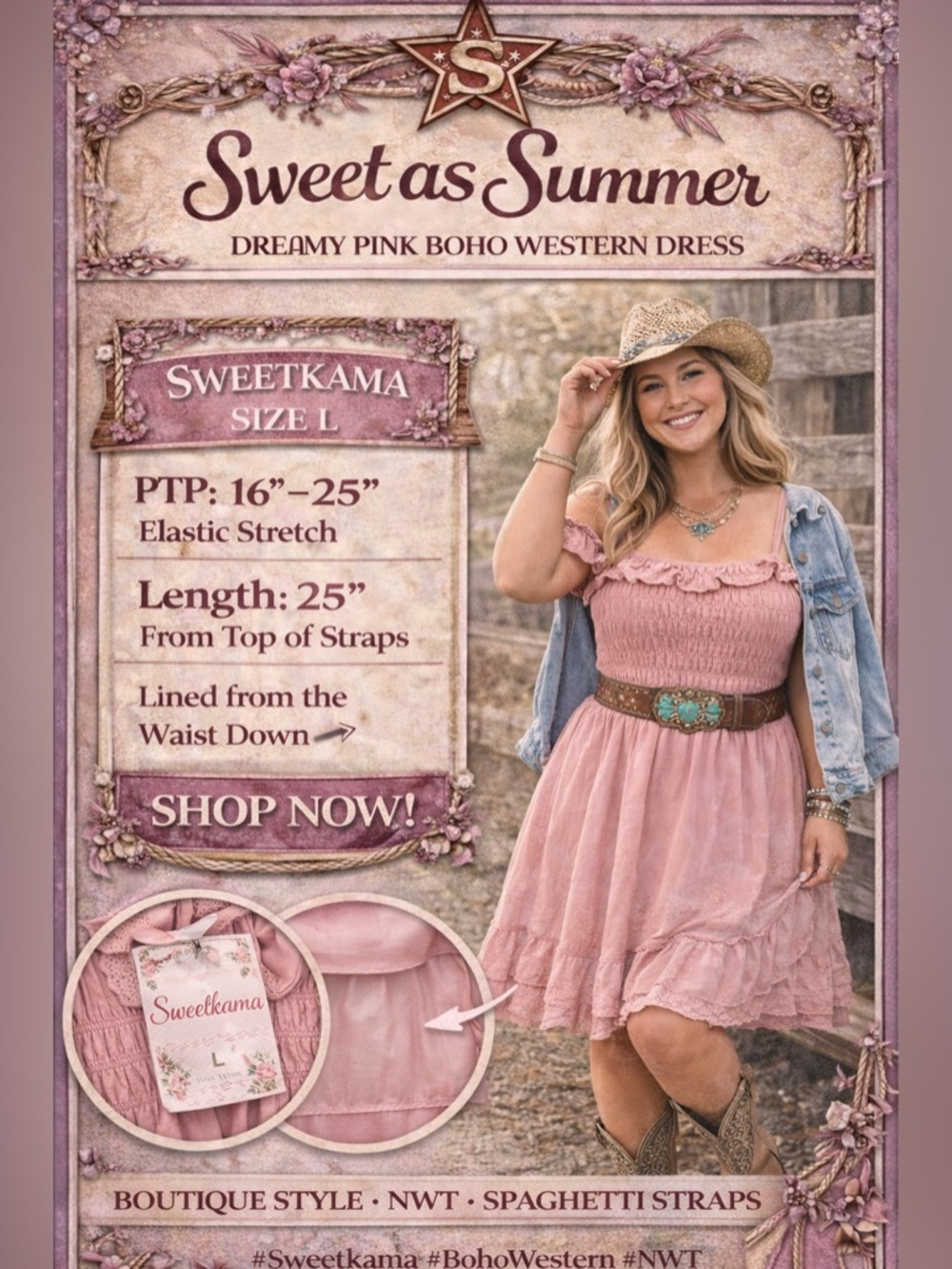 🤎 Sweetkama Pink Boho Western Dress | Size L | NWT | Smocked + Lined